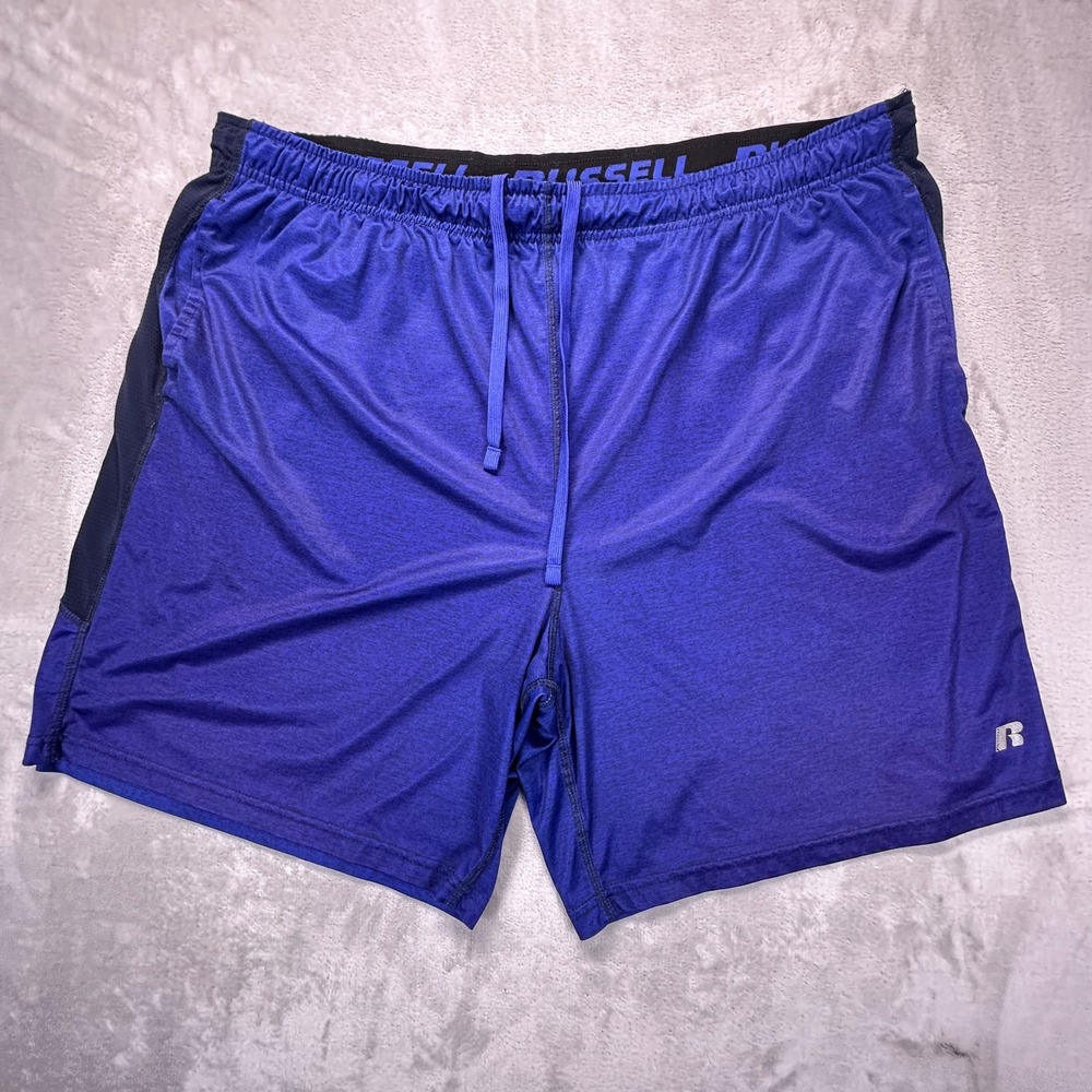 Russell Active Shorts Mens 2XL Heather Blue Stretch Pleated Performance Running